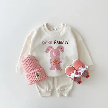 가을 신상품 편안한 곰 모양 솔리드 풀오버 맨투맨 + 넉넉한 면 바지 남아용, 스포츠 세트, 2023