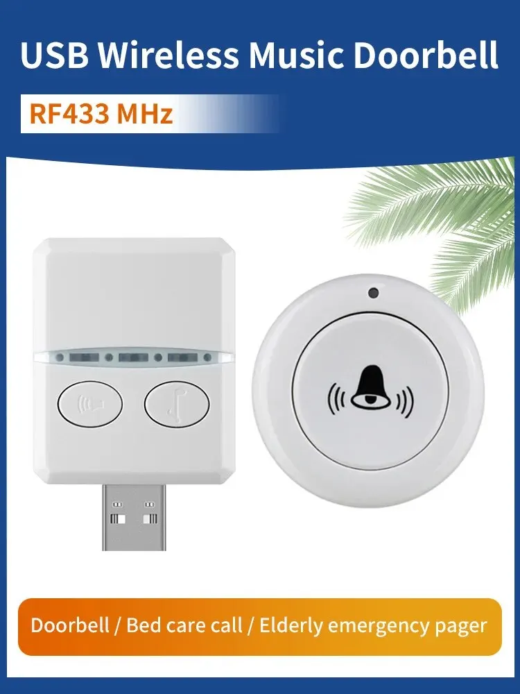 Ev için kablosuz Kapı Zili Açık USB Kapı Zili DC 5 V RF433 MHz Eşleştirme Uzaktan Kumanda 30 Ringtong Ses Ayarı Yatak Bakım Çağrısı