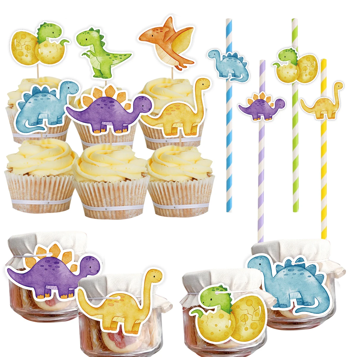 1 Set Dinosaurier-Cupcake-Topper aus Karton, Papieraufkleber, Strohhalm für Babyparty, Dinosaurier-Geburtstagsfeier, Dekoration, DIY-Geschenkverpackung