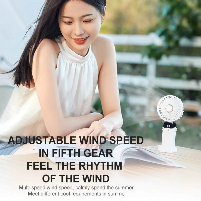 Ventilatore portatile mini a 5 velocità con ricarica USB, da appendere al collo, con display digitale a LED, ideale per sport all'aria aperta, studenti, ufficio e scrivania._voghion.com