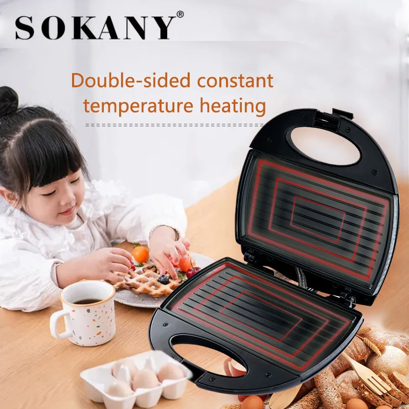 SOKANY102 Electric Sandwich Maker Panini 750W Waffle Maker Cooking Kitchen Appliances Breakfast Waffles Machine Non-stick Pan 2