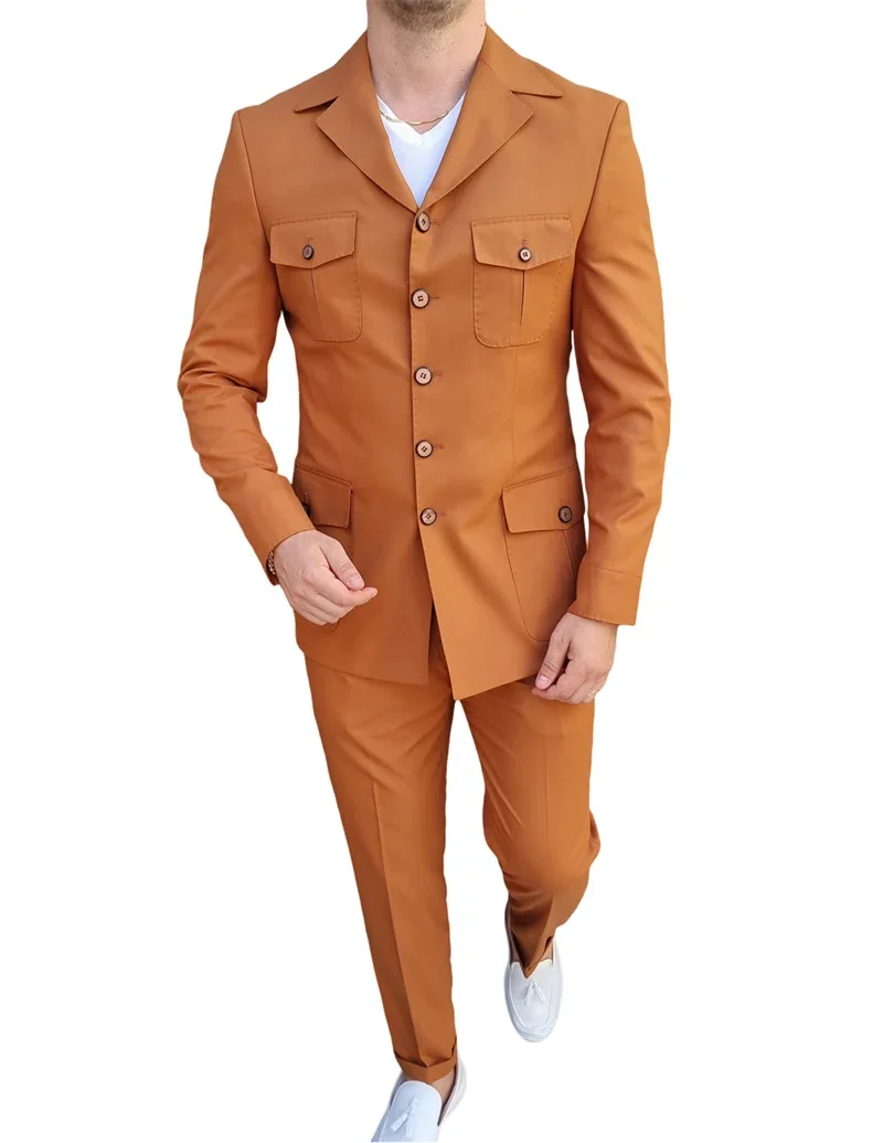 Notch Lapel Safari Men Suits For Outdoor Prom 2 Pcs Wedding Tuxedo Made Single Breasted Blazer With Pants