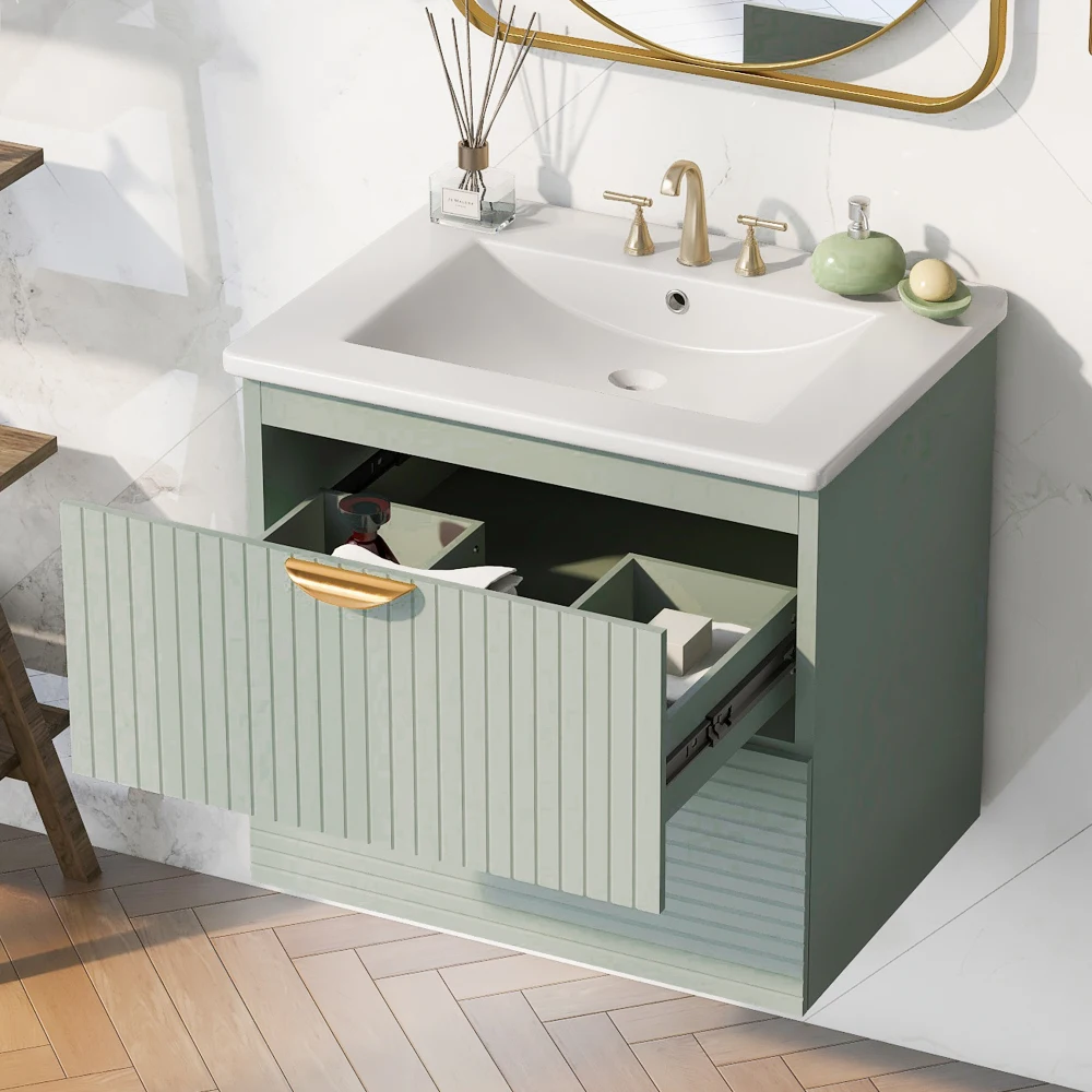 Modern 24 Inch Wall-Mounted Bathroom vanity with 2 Drawers, White - Ideal for Small Bathrooms 6