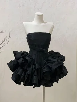 Summer Chic Slim Off Shoulder Black Dress Women Korean Vintage Ruffle Skinny Sleeveless Dresses Female Party Sweet Clothing New 1