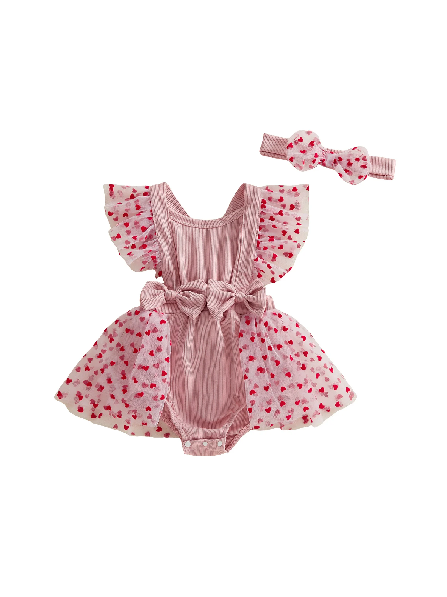 Adorable Baby Girl  Ruffle Sleeve Heart Print Bodysuit with Matching Headband Set for Valentine s Day Outfit