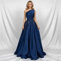 Customized Navy Blue One-Shoulder A-line Evening Dresses With Beading Sequin Elegant Chic Prom Dress Pleat Ruched Festival Dress
