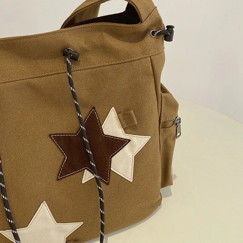 Y2K Street Style Star Pattern Large Capacity Canvas Crossbody Bag American Style Vintage Casual School Bag for Teens Students