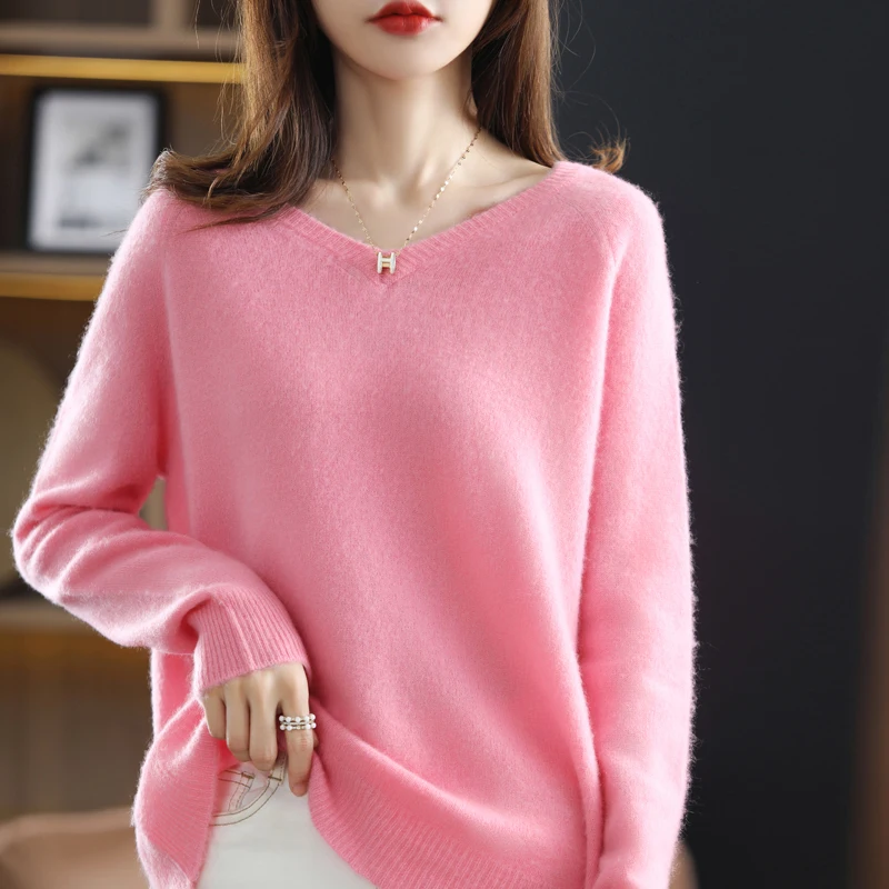 

Autumn New Inside Ride V-Neck Pure Wool Sweater Women's Knit Top,Large Size Loose Bottoming Raglan Sleeve Basic Pullover
