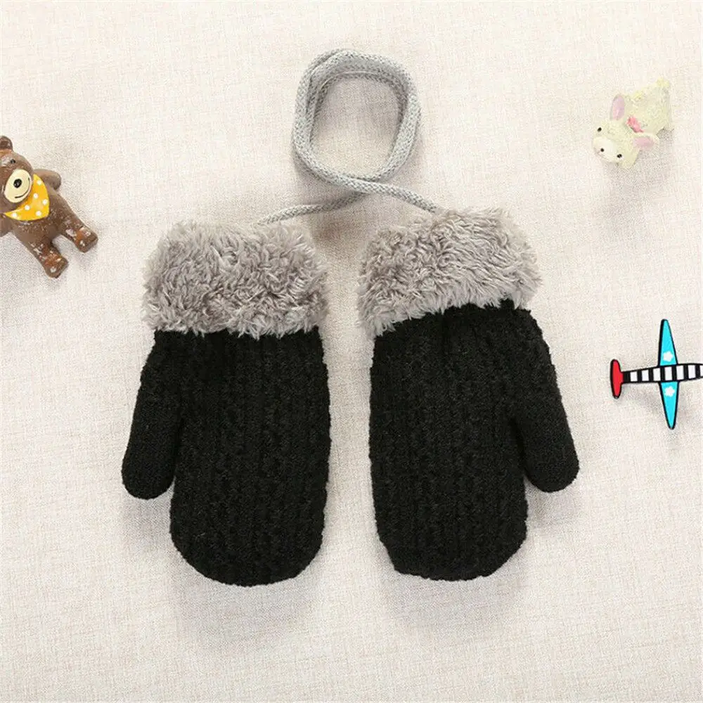 Warm Knitted Gloves Toddler Baby Boys Girls Winter Gloves Mittens with Neck String 3
