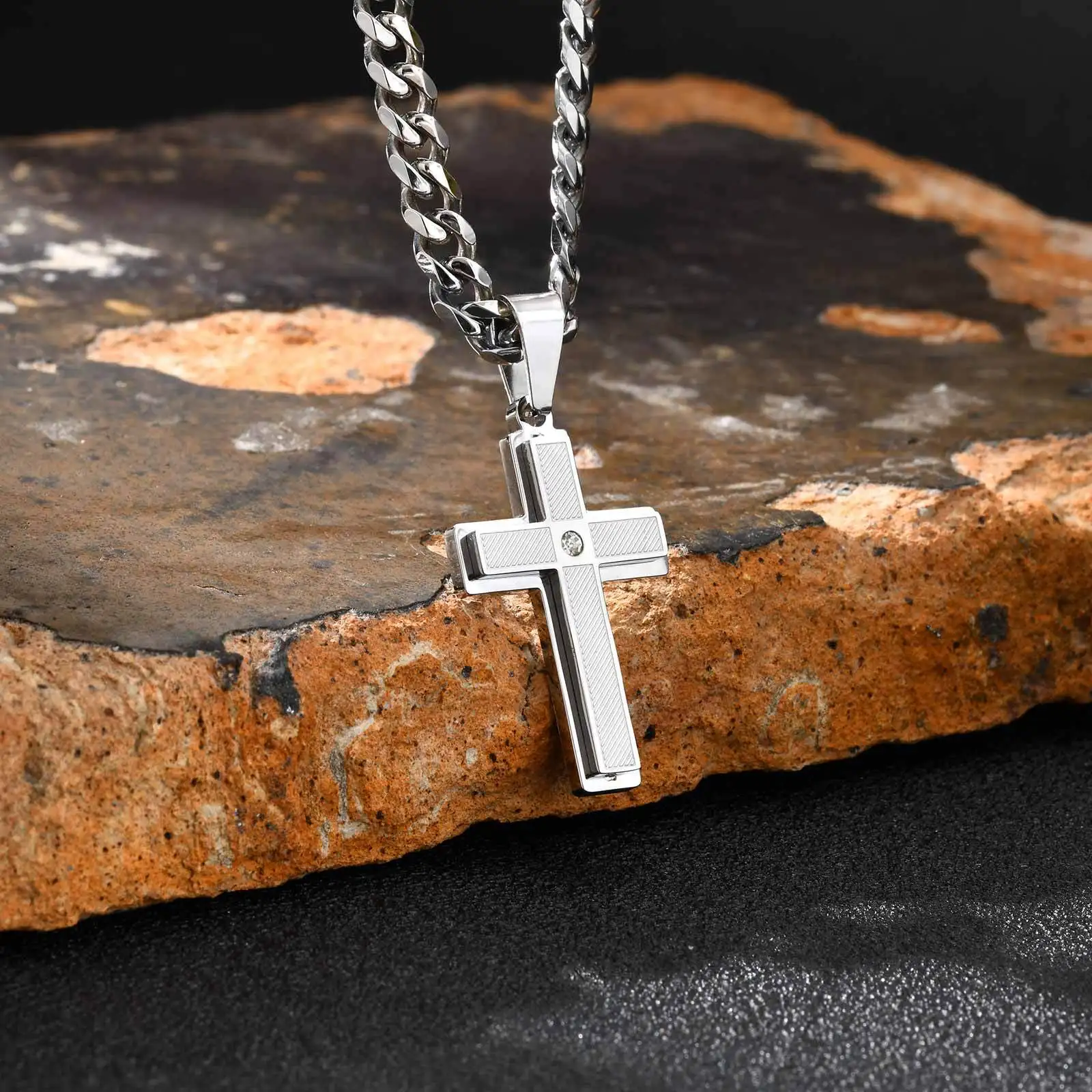 Waterproof Stylish Cross Necklace for Men Boys,Never Fade Stainless Steel Pendant Necklace,Christian Prayer Jewelry Gift