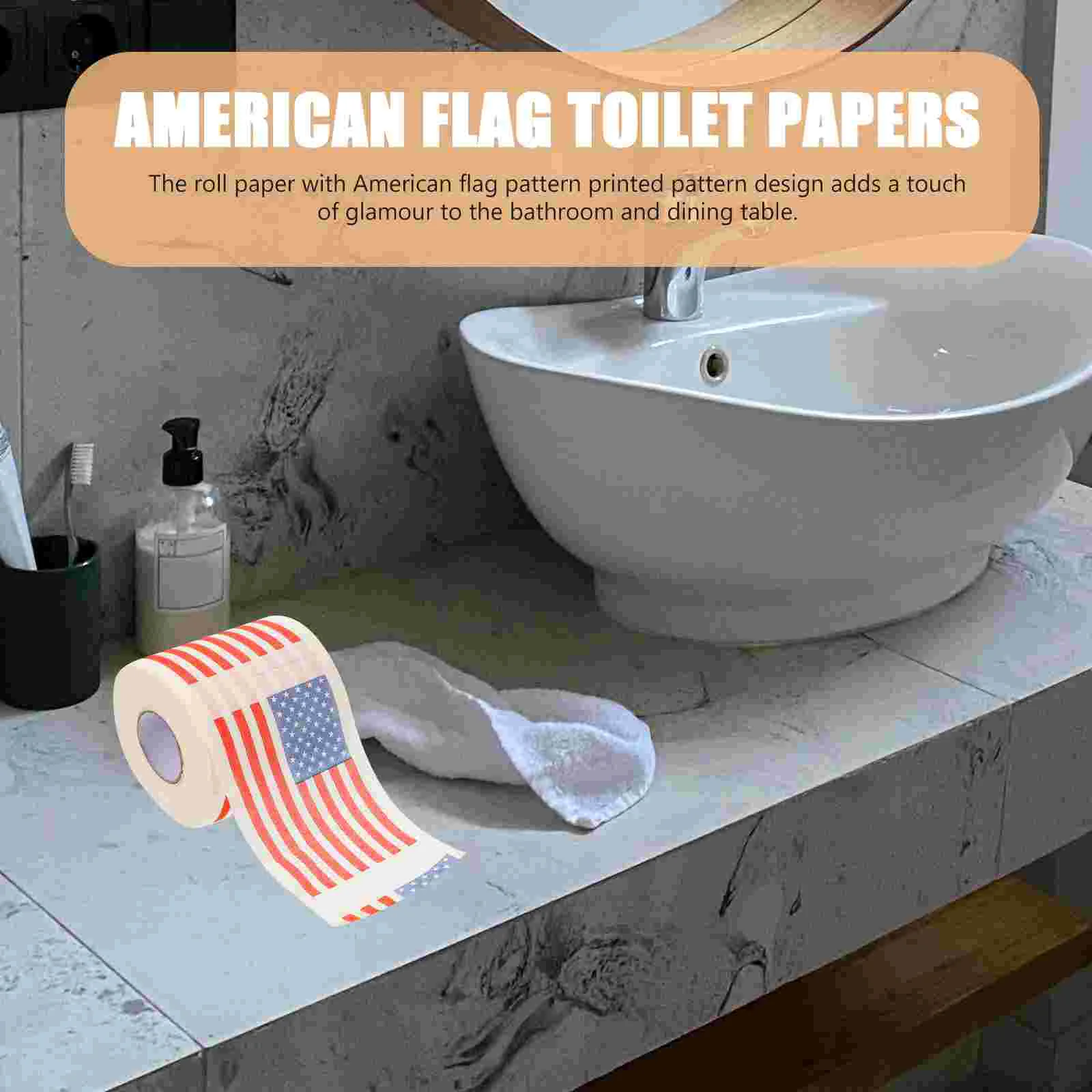 2Pcs American Flag Printed Toilet Paper Premium Wood Pulp Safe Material Bathroom Tissue Roll Napkin Paper Soft Smooth Lines