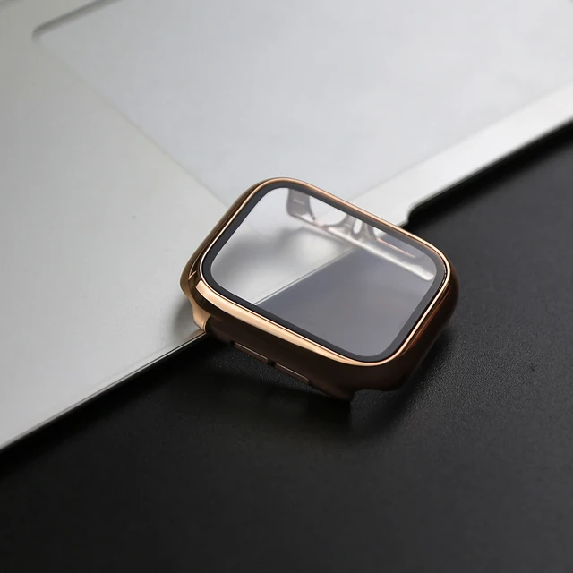 360 Full Cover for Apple Watch 45mm 41mm 44mm 40mm 42mm 38mm, Plating Case Glass Screen Protector for iwatch SE 7 6 5 4 3 2 1 Rose Gold