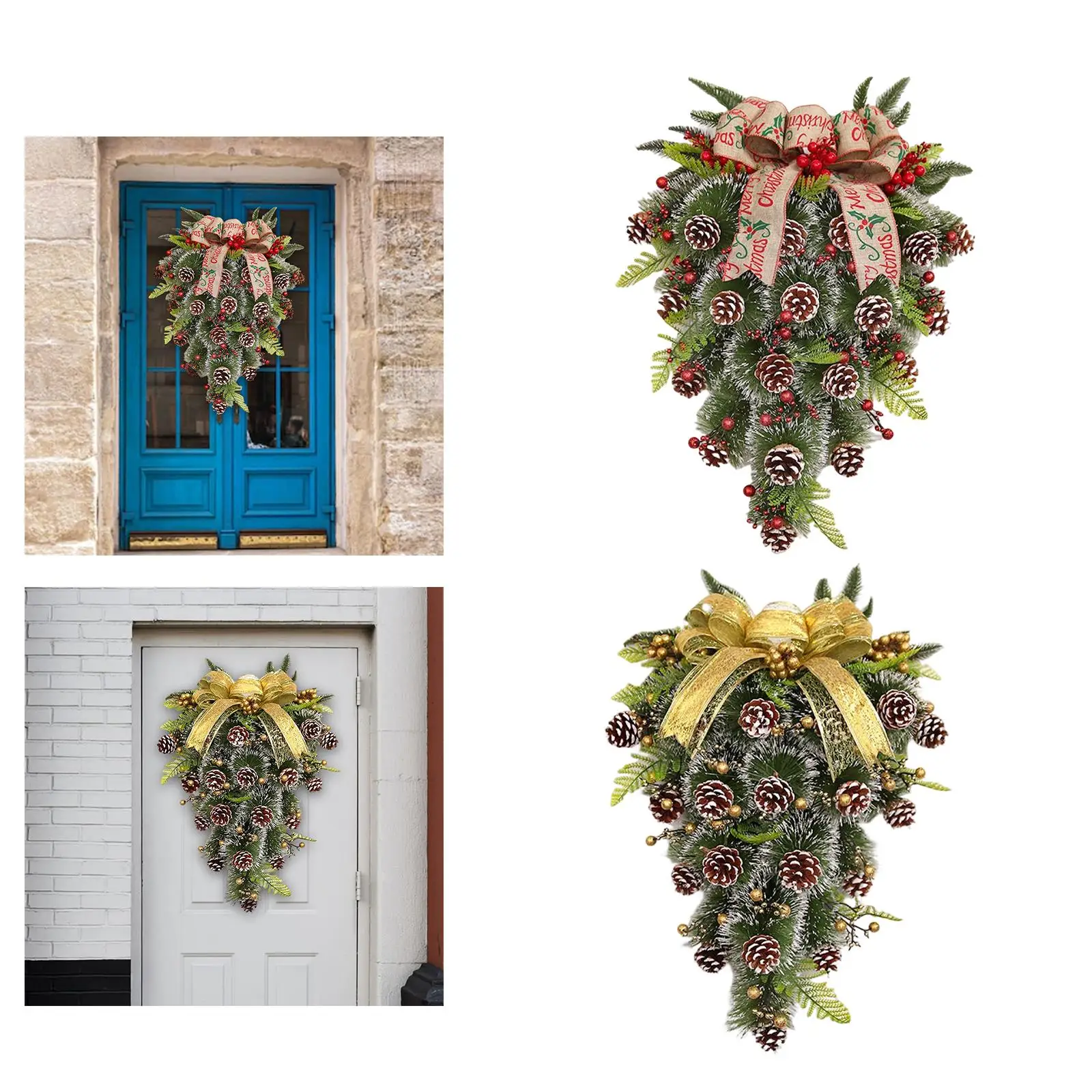 Winter Christmas Teardrop Swag Hanging Pendant with Bowknot Garland Door Wreath