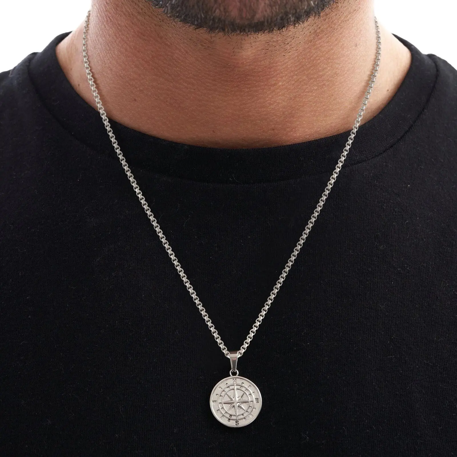 Stainless Steel Compass Pendant Necklace for Men