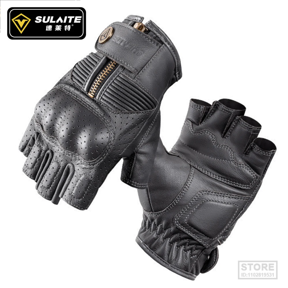 

Summer Man Motorcycle Gloves Leather Half Finger Short Zipper Antique Tactical Luvas De Moto Couro Meio do Tactic