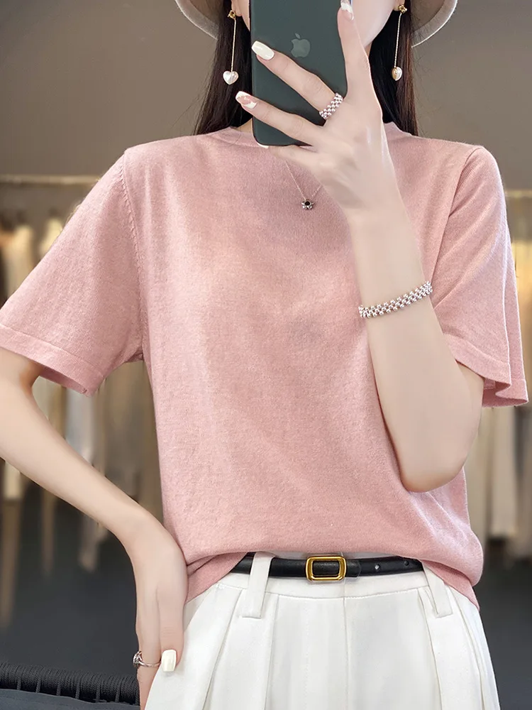 

Women's Tees Wool Worsted Lightweight Solid Tops Loose Knit O- Neck Pullover Short Sleeves Spring Summer Fashion Elegant Casual