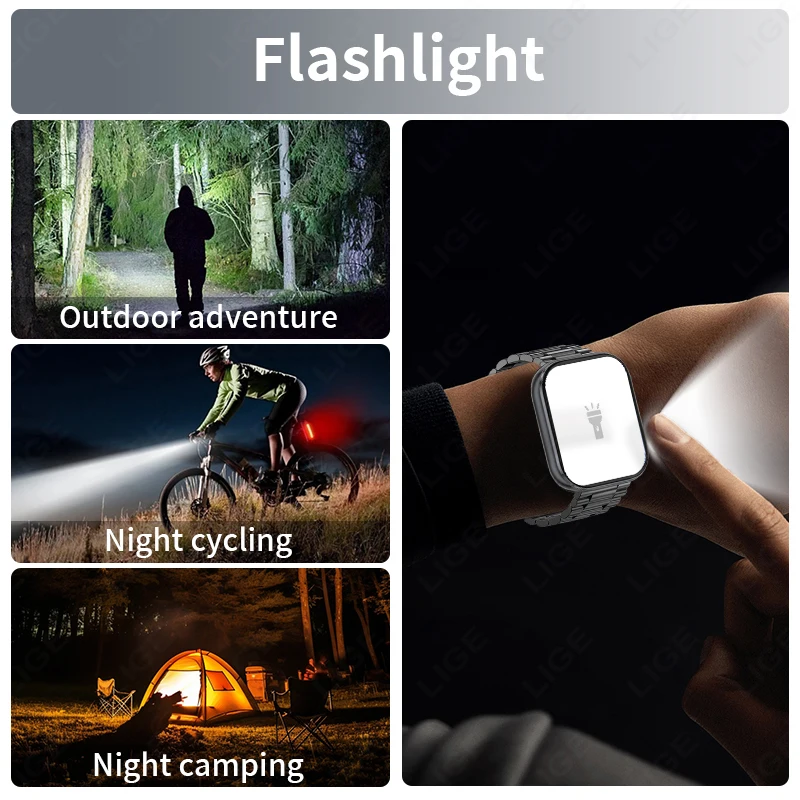 LIGE New Military Outdoor 1000mAh Smart Watch Men 5ATM Flashlight 2.04"HD Screen Bluetooth Call Sport Fitness Smart Watches 2026