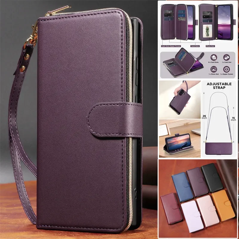 Leather Flip Phone Case with Long Lanyard and Zipper Wallet