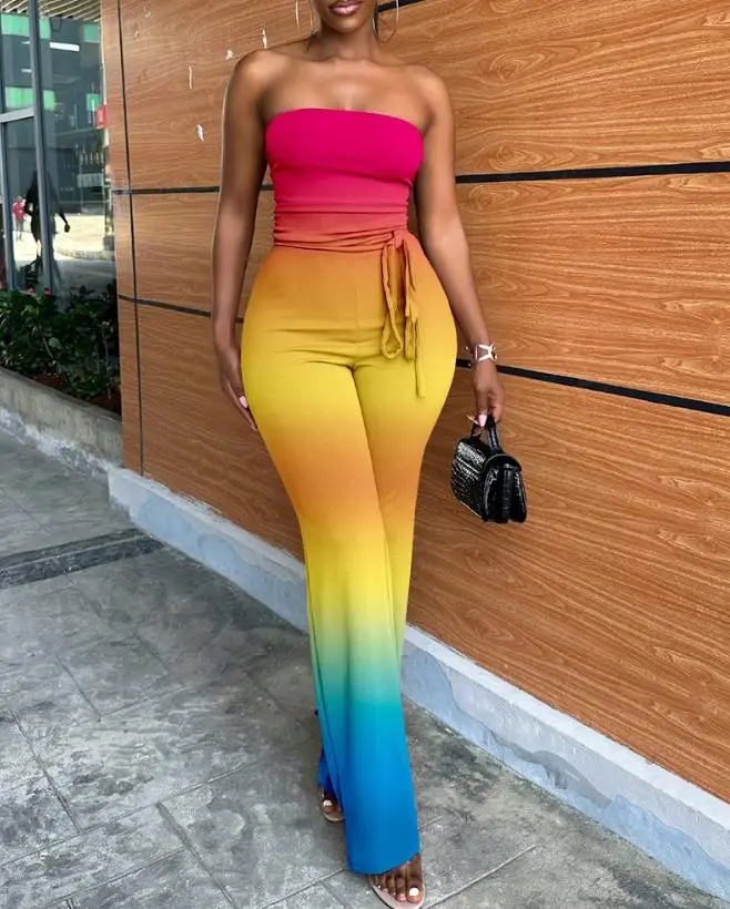 Sexy Women's Summer Bandeau Sleeveless Jumpsuits with Belt Non-Stretch Ombre Tie Dye Tied Detail Straight Leg Female Jumpsuit