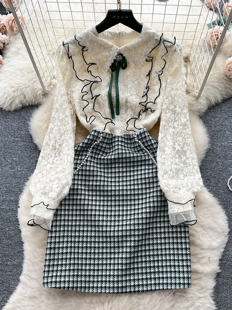 

Winter Clothes Women Dresses Long Sleeve Lace Patchwork Textured Tweed Dress Ruffled Trim Lapel Collar Bow Elegant Mini Dress