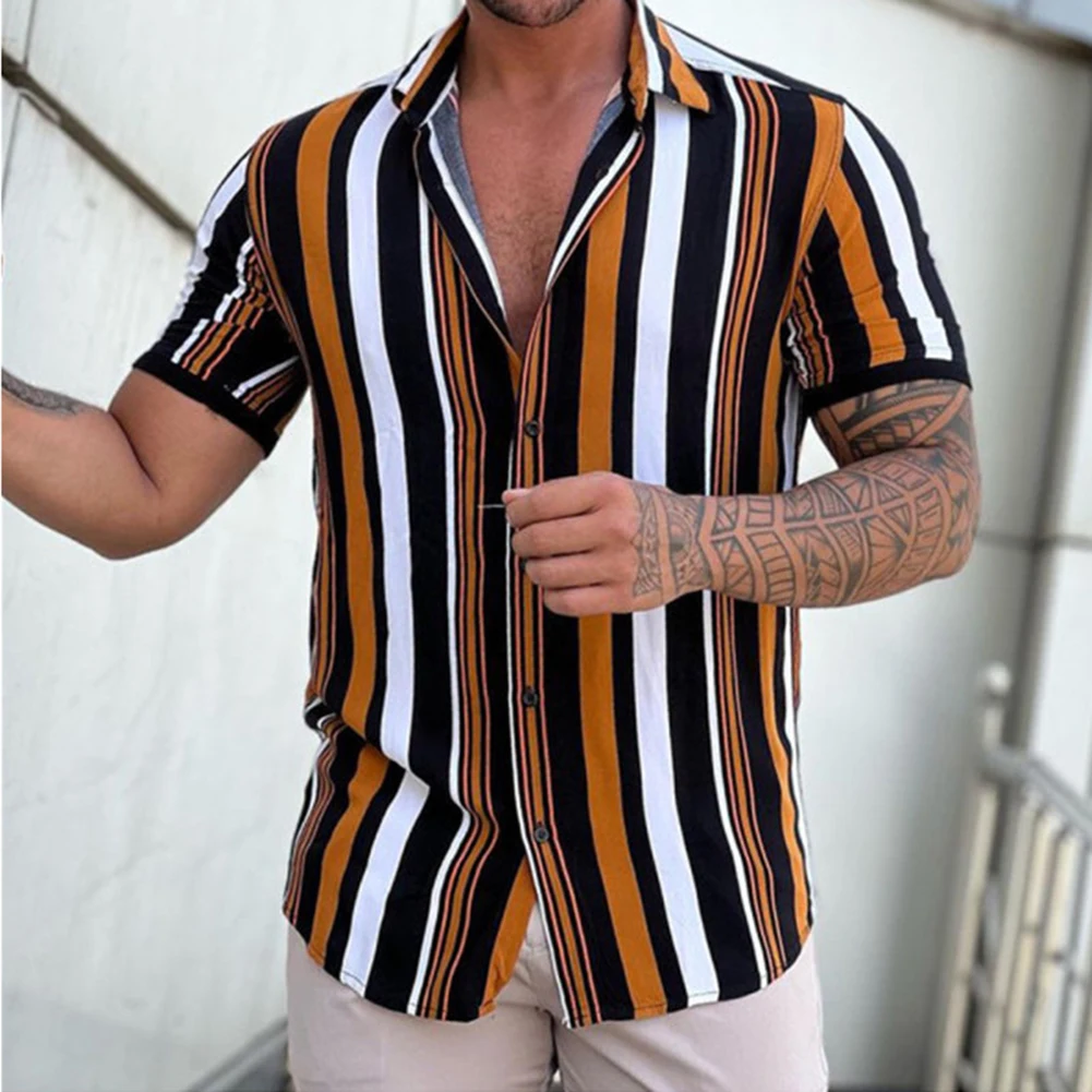

Men Shirt Fashion Stripes Print Short Sleeve Tees Turn-down Collar Button Blouse
