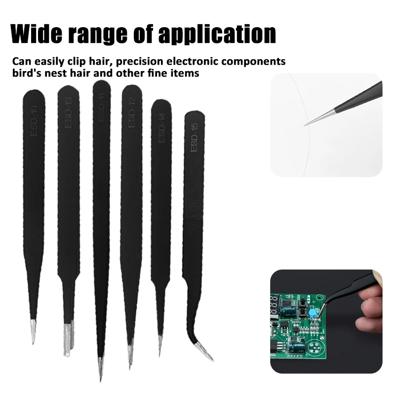 

6 Pcs ESD Stainless Steel Anti-static Tweezers Maintenance Tools Industrial Precision Curved Straight Tweezers Repair Tools