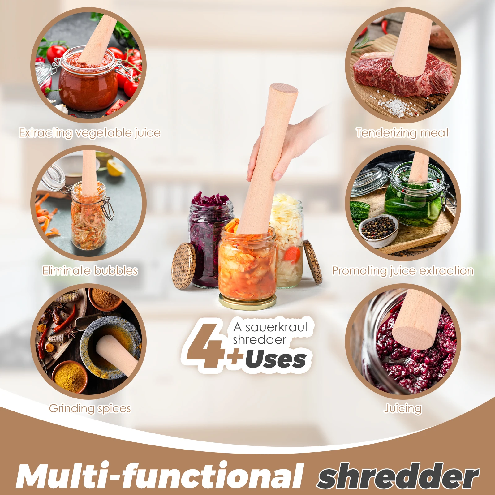 12 Inch Kimchee Pounder Tamper Wood Vegetable Fermentation Tamper Wooden Pickle Pounder Sauerkraut Pounder Rod for Fermentation