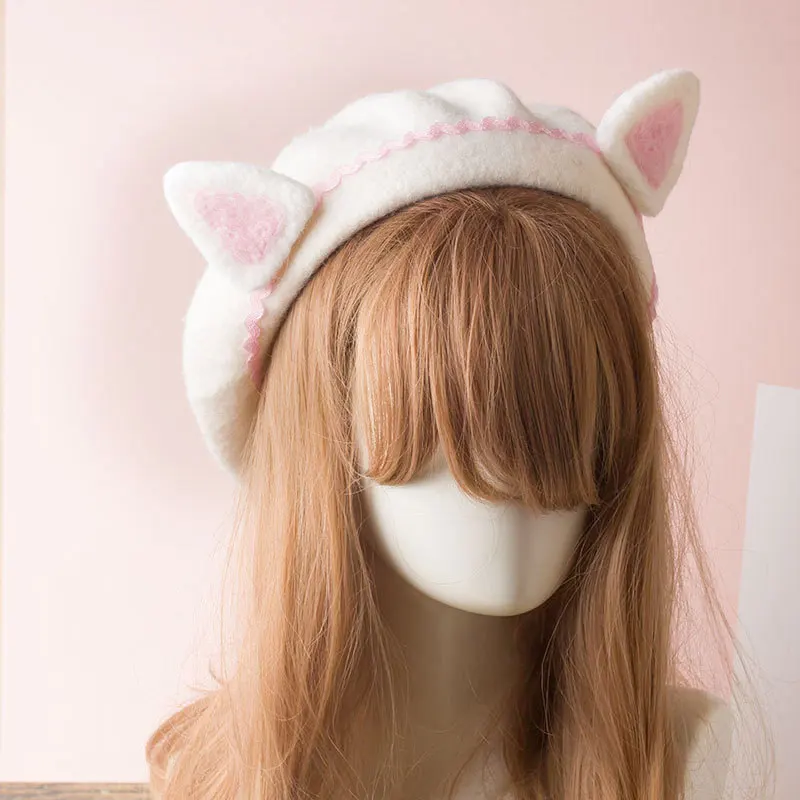 

Cat ear beret cute plush ears Japanese girl wave pattern Lolita beret