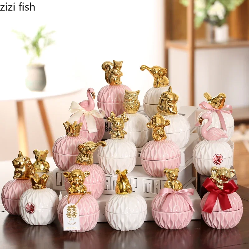 

Свадебная керамическая коробка для конфет, золотистая коробка для хранения ювелирных изделий в виде животных, Бытовая мини-керамическая Подарочная банка с мультяшным рисунком, Современное украшение для дома, Новинка
