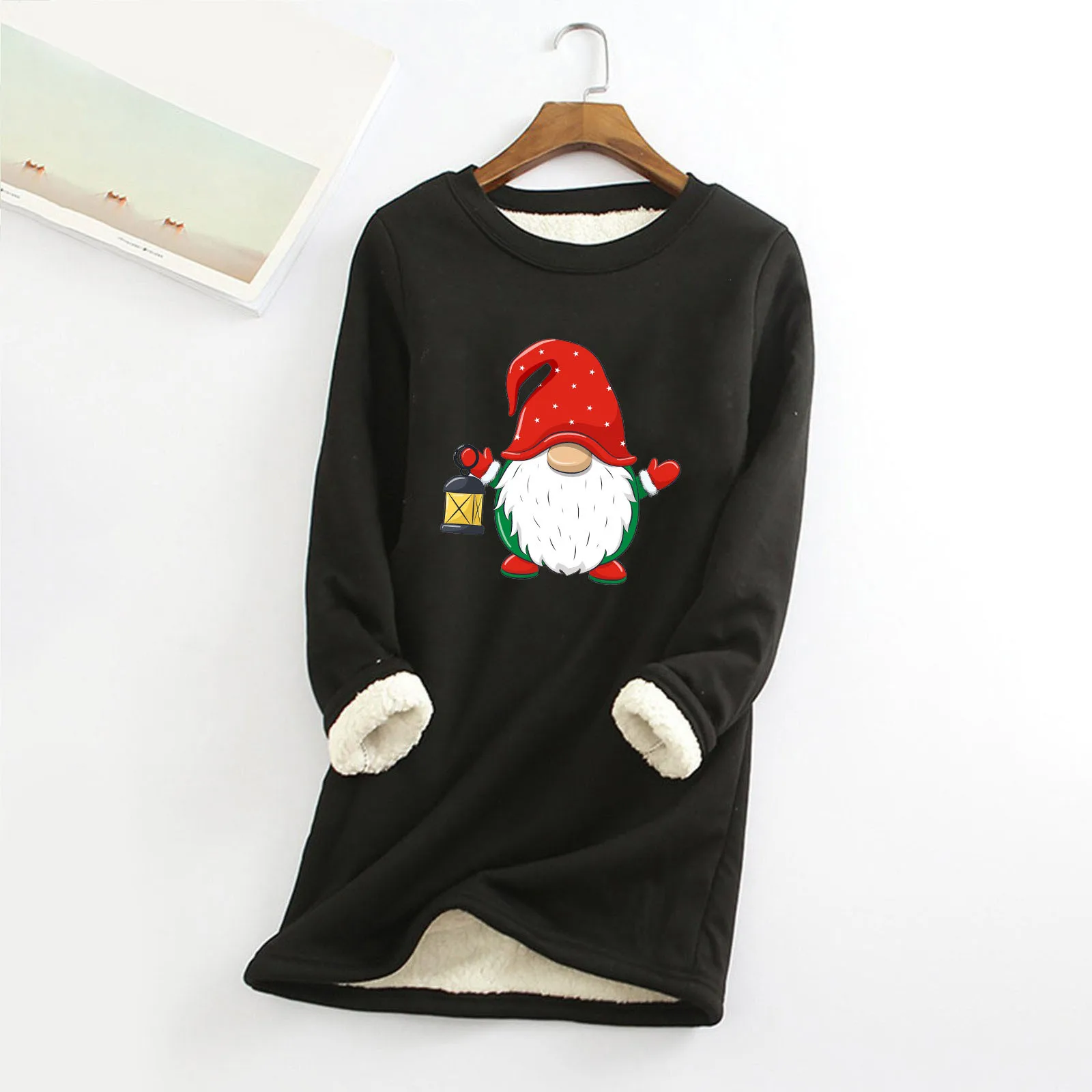 

Womens Christmas Printed Pullover Fleece Warm Bottoming Shirt Plus Velvet Long Sweatshirt Loose Crewneck Xmas Navidad Hoodie