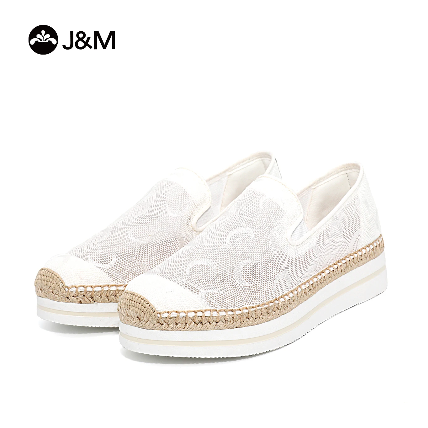 

J&M Women Loafers White Fisherman Shoes Espadrilles Slip-on Casual Breathable Mesh Lace Sneakers Zapatillas Platform Rubber Hemp