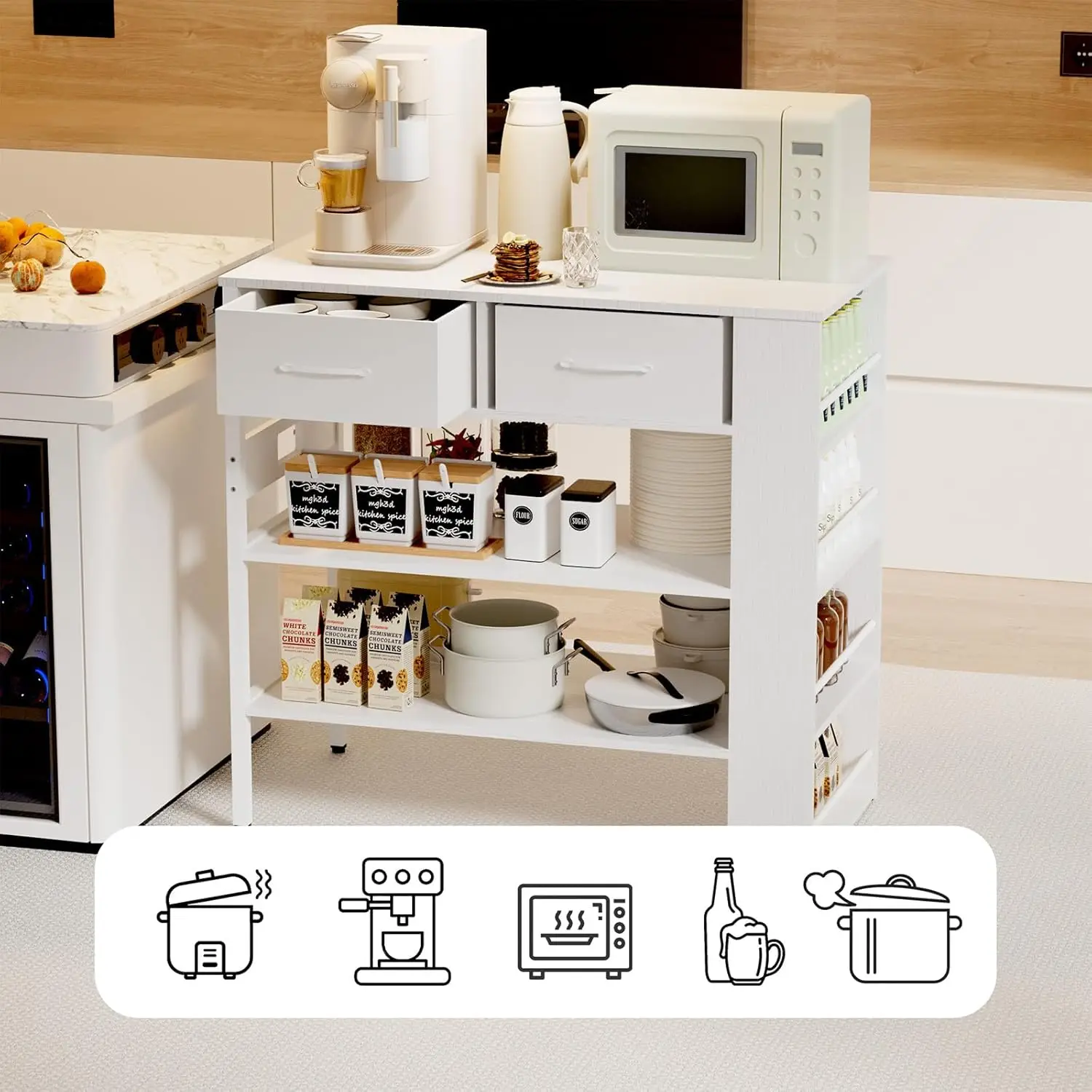 Modern Kitchen Island Bar Table with Open Storage Shelves, Power Outlet, Spice Rack (White)