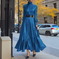 ZANZEA Elegant Women Satin Silk Party Maxi Dress Tie Neck Long Sleeve Ruffled Hem Long Dress Evening Cocktail Glossy Robes Femme 4