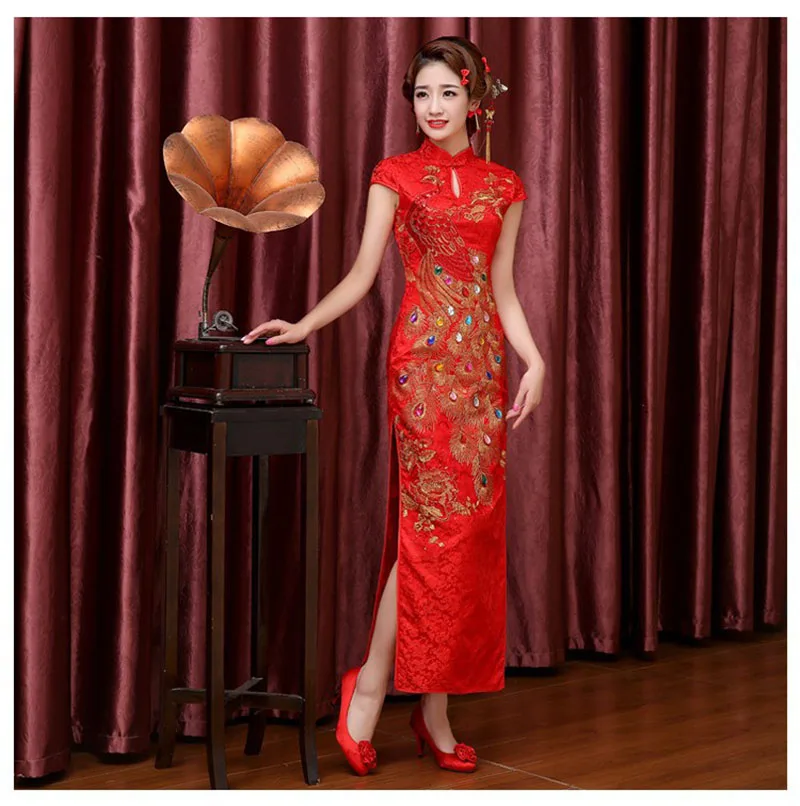 

Red Peacock Embroidery Wedding Cheongsam Women Vintage Plus Size Dress Traditional Show Costume Slim Qipao XS To 3XL