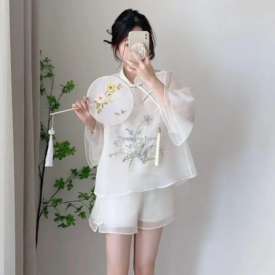 

summer chinese improved fashion qipao cheongsam two-piece set vintage button top new chinese style shorts daily set for women