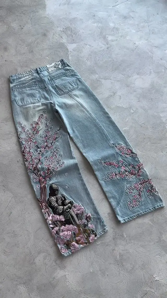 Vintage Cherry Blossom Black Knight Embroidery Jeans Y2k Retro Baggy Straight Denim Pants Blue Wash Jean Men Clothing Streetwear 2