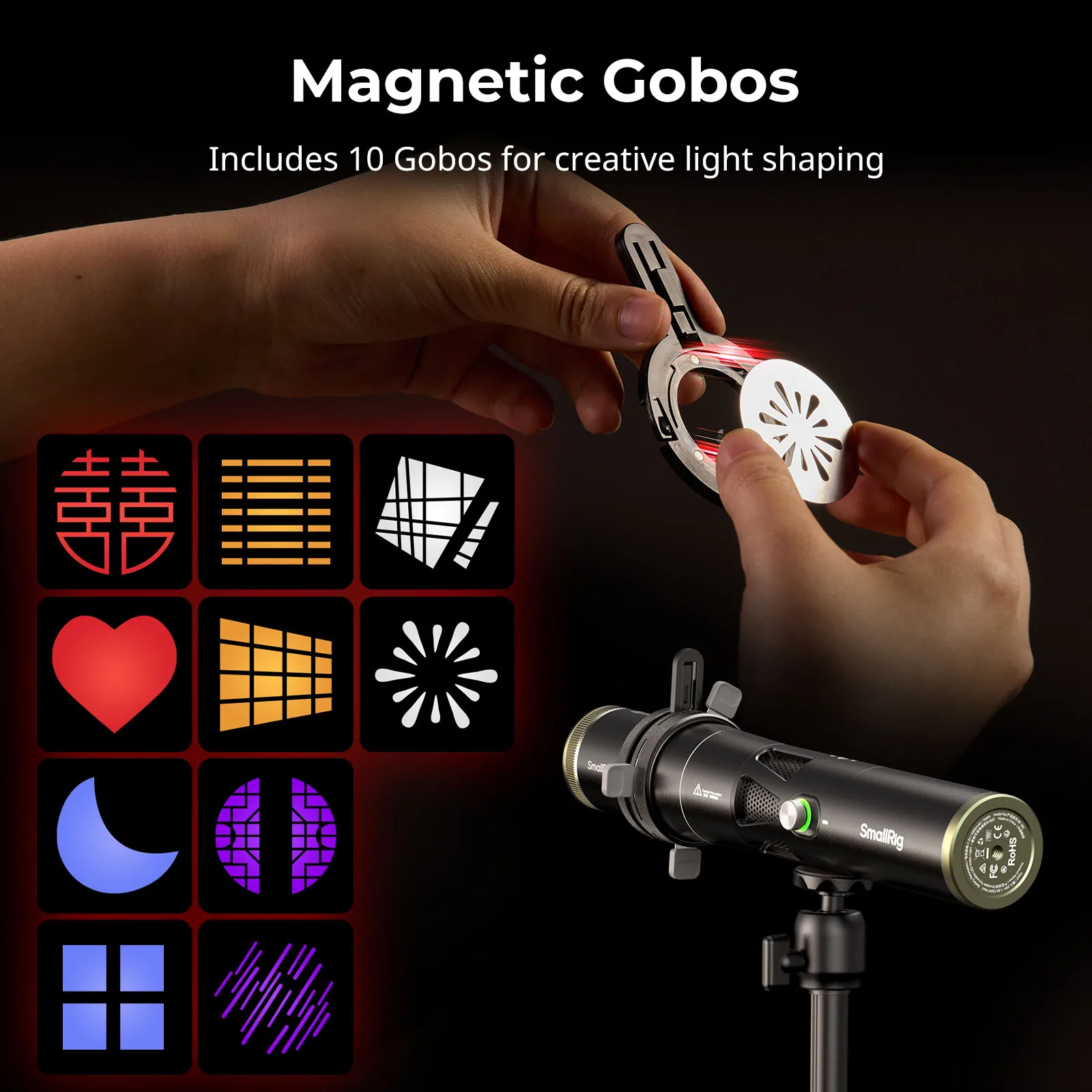 SmallRig 6376 SP 에어 스포트라이트 RF?10C 및 RF?20C 사진용 손전등(스포트라이트 고보 홀더 포함) 10개의 금속 고보 정밀 포커싱 기능