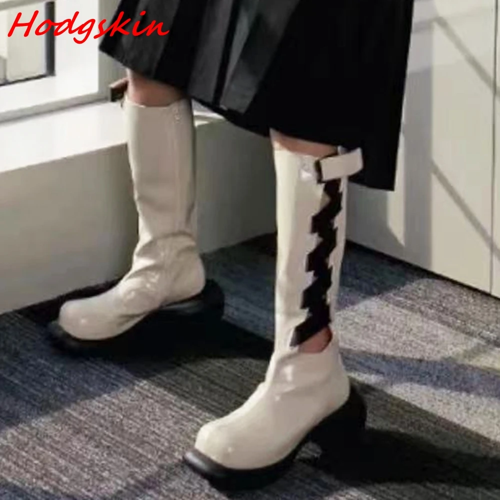 Riband Cross Tied Boots for Women Round Toe Hollow Mixed Colors Lace Up Strange Style Mature Belt Buckle Fashion Knee High Boots