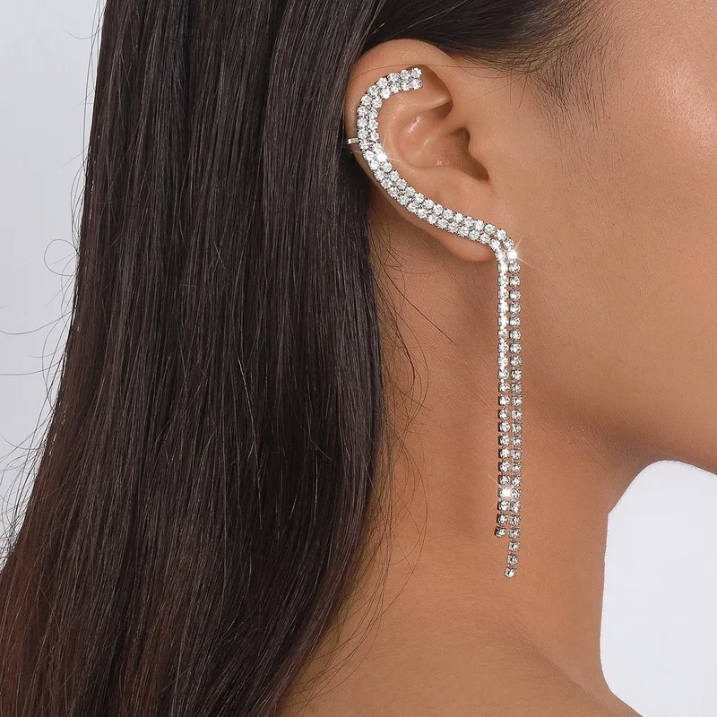 

Sparkling Rhinestone Long Tassel Earrings for Women Luxury Full Rhinestone Ear Cuff Punk Earrings for Wedding Party Jewelry Gift