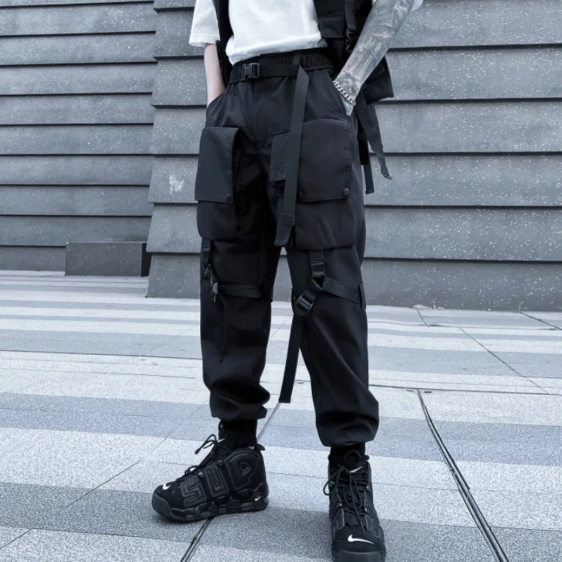 Hip Hop Tactical Cargo Pants Men Multi Pocket Ribbon Design Joggers Trousers 2023 Spring Functional Elastic Waist Pant