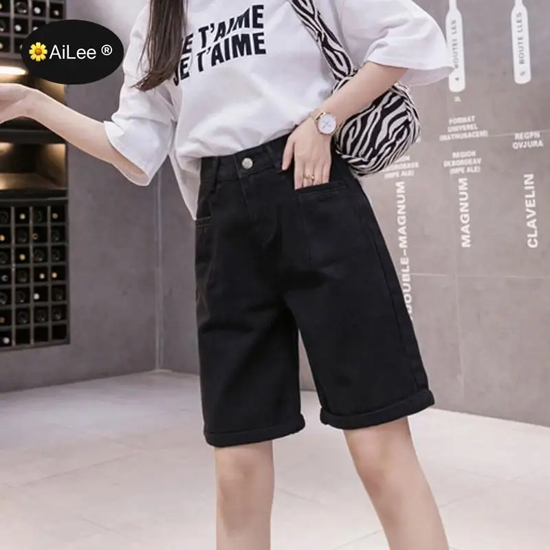 Bermudas vaqueras algodón para mujer, pantalones cortos de cintura alta, pierna ancha, rosa, blanco, de talla grande, informales, enrolladas - de mujer