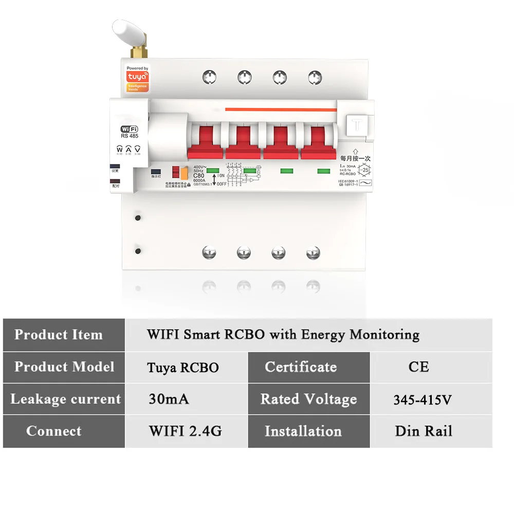 Tuya Smart Life APP RCBO Circuit Breaker with Power Monitoring 4P WiFi RCBO MCB