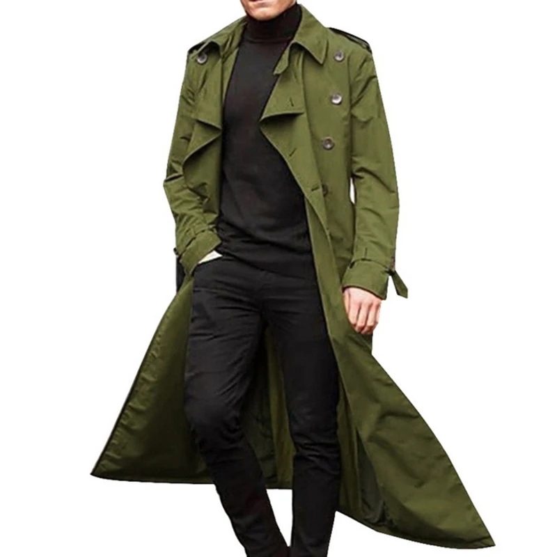Men Overcoat Vintage Long Trench Coat Men Double Breasted Jacket Coats Mens Business Black Long Solid Windbreak Coat Outwear