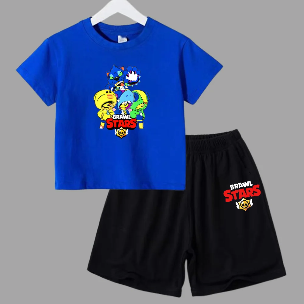 thumbnail image 1 of Conjunto de 2 piezas de camiseta de manga corta y pantalones cortos con estampado de anime de verano para niños y niñas, ropa informal de cuello redondo, 1 of 5
