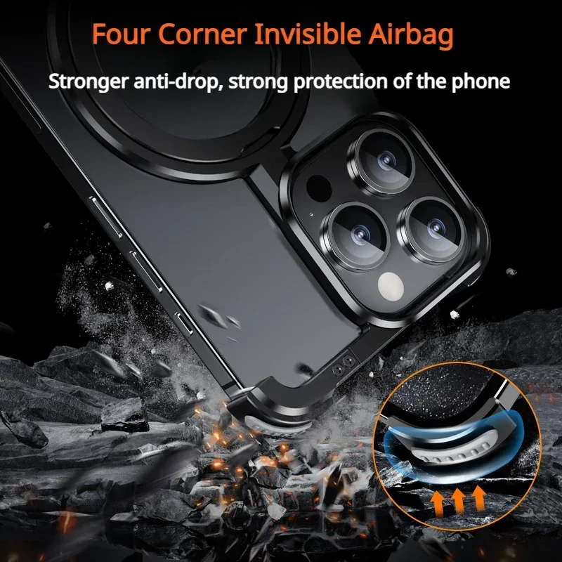For iPhone15 14 13 Pro Max Phone case Metal Shockproof Phone holder Bumper Magnetic Magsafe Wireless Charging Protective Cover
