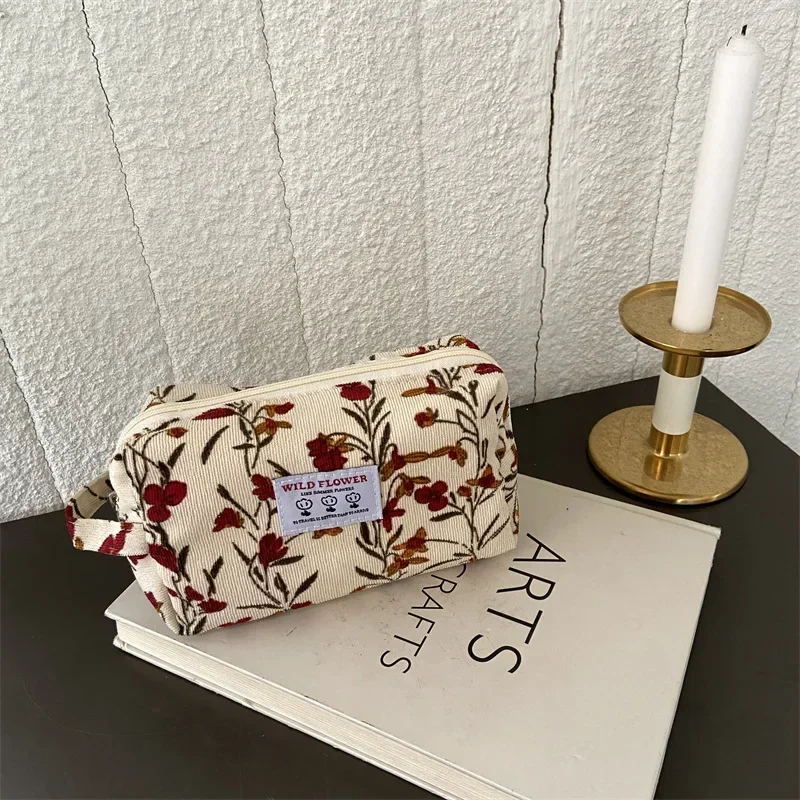 Women Cosmetic Bag Corduroy Flower Lipsticks Makeup Bag Korean Student Pencil Case Travel Makeup Brushes Neceser Organizer makeup organizer,cosmetic bag,pencil case,cosmetic storage bag,makeup bag,cosmetic case