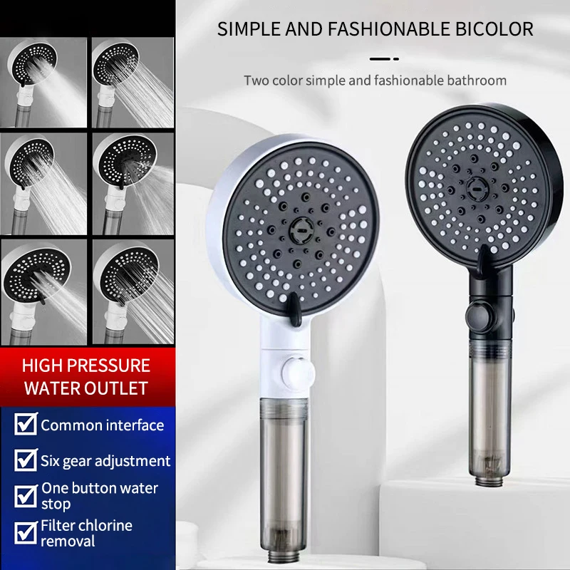 

Shower Head High Pressure 6 Modes Adjustable Black Water Saving Shower Head One-key Stop Water Massage Bathroom Accessories