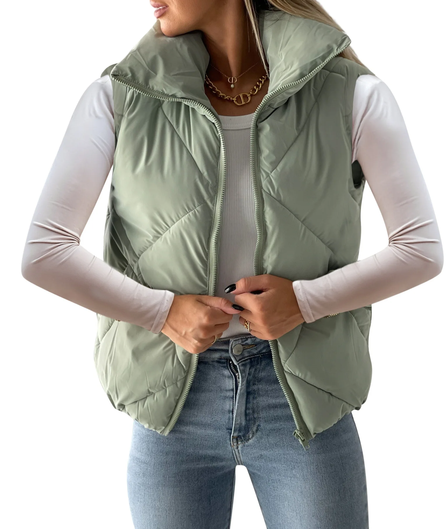 

New Women's Clothes Solid Color Loose Warm Sleeveless Bread Suit Stand Collar Zipper Fashion Cotton-Padded Jacket Vest For Women