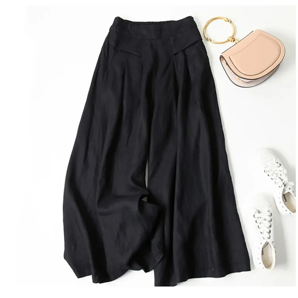 Summer Pants for Women Cotton Linen Large Size Wide Leg Pants Femme Arts Style Elastic Waist Solid Casual Loose Pantalon 3