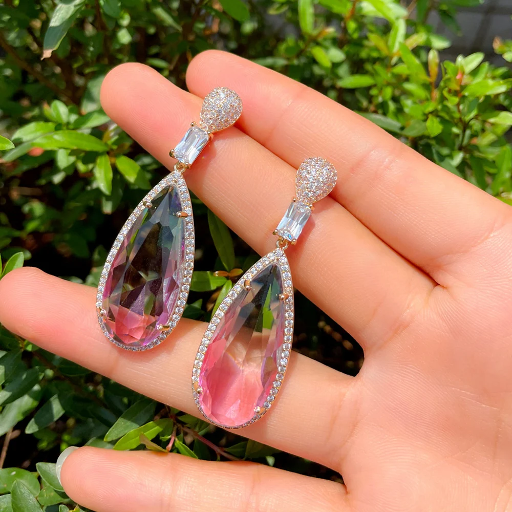 ThreeGraces Charming Colorful Cubic Zirconia Light Gold Color Long Dangle Drop Earrings for Women Luxury Party CZ Jewelry ER970